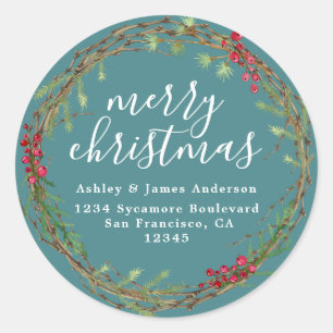 Teal Blue Christmas Wreath Return Address Classic Round Sticker