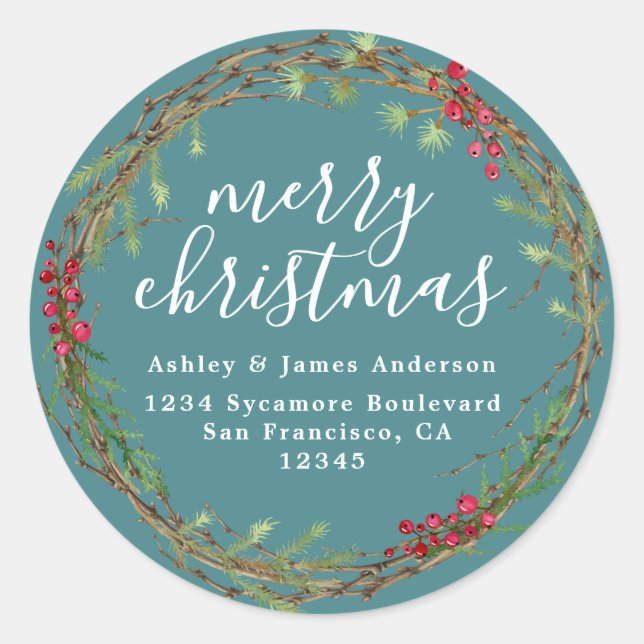 Teal Blue Christmas Wreath Return Address Classic Round Sticker (Front)