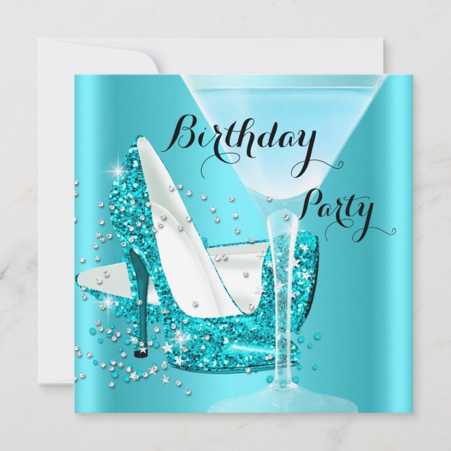 Teal Blue Cocktail High Heels Birthday Party 2 Invitation (Front)
