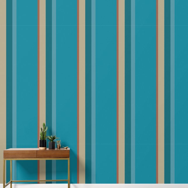 Teal Blue Cool Aqua Cocoa Brown Mushroom Stripes Wallpaper (Hallway)