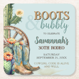 Teal Blue Country Rodeo Cowgirl Cactus Birthday Square Paper Coaster