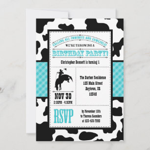 Teal Blue Cowhide Cowboy Birthday Invitation