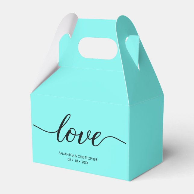 Teal Blue Custom Elegant love script Wedding Favor Box (Front Side)