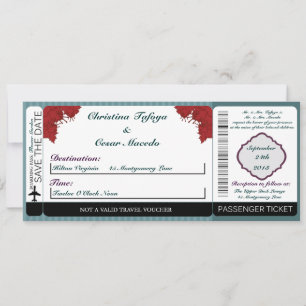 Teal Blue Damask/ Boarding Pass Wedding Invitation