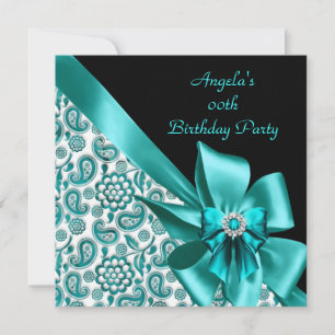 Teal Blue Damask Floral Birthday Party Black Invitation