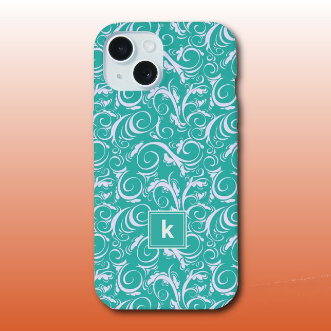 Teal Blue Damask Pattern Monogram  iPhone 15 Case (Creator Uploaded)