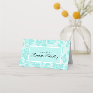 Teal blue damask pattern place card