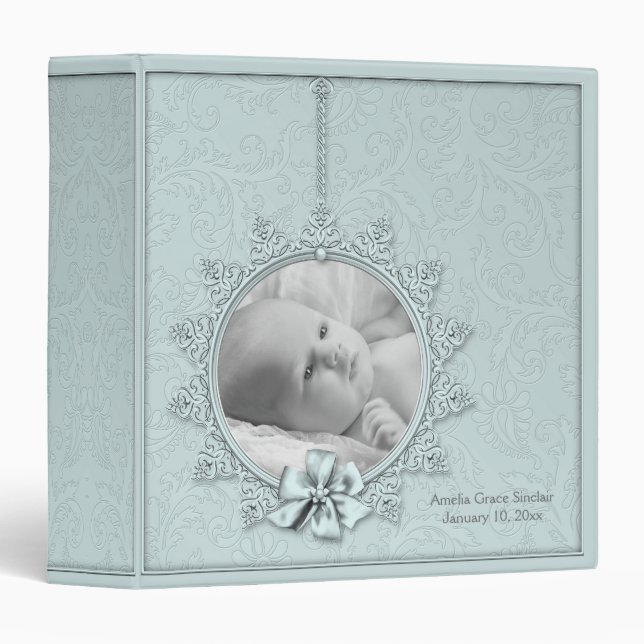 Teal Blue Damask Photo Baby Album Binder (Front/Spine)