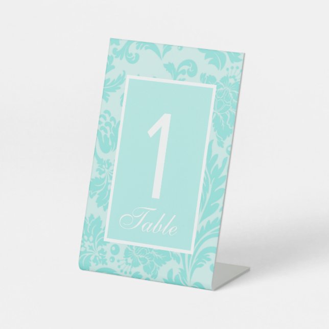 Teal blue damask print wedding table number sign  (Front)