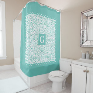 Teal blue damask, scalloped borders with monogram