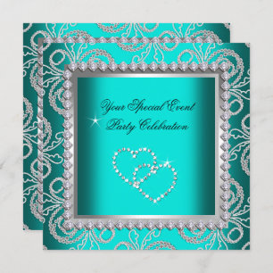 Teal Blue Damask Silver Diamonds Heart Party Invitation