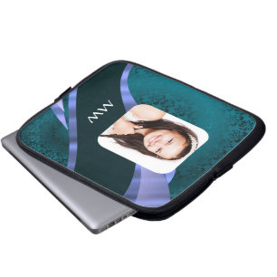 Teal blue damask swirl laptop sleeve