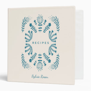 Teal Blue Danish Folk Flowers Personalized Recipe Binder