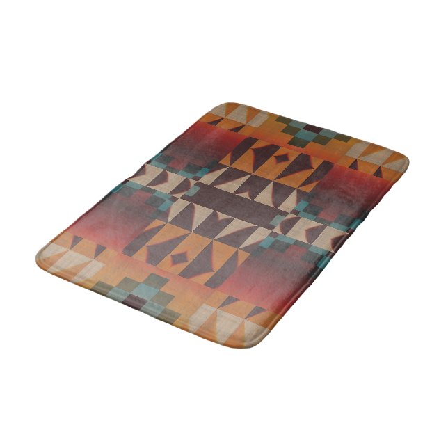Teal Blue Dark Red Beige Brown Orange Tribal Art Bath Mat (Angled)