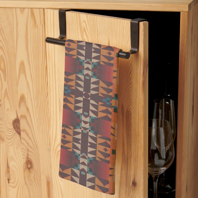 Teal Blue Dark Red Beige Brown Orange Tribal Art Kitchen Towel (Thirds Fold)