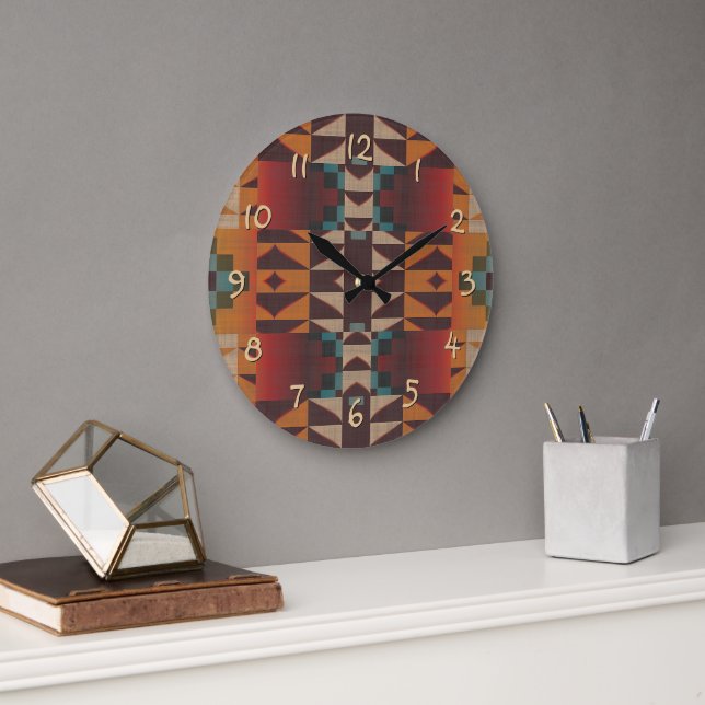 Teal Blue Dark Red Beige Brown Orange Tribal Art Large Clock (Office)