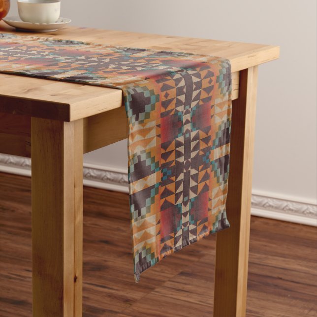Teal Blue Dark Red Beige Brown Orange Tribal Art Short Table Runner (In Situ)