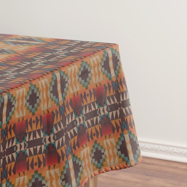 Teal Blue Dark Red Beige Brown Orange Tribal Art Tablecloth (In Situ)