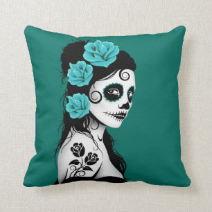 Teal Blue Day of the Dead Sugar Skull Girl Throw Pillow