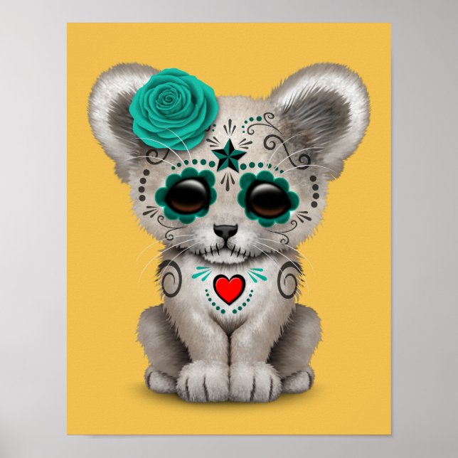 Teal Blue Day of the Dead Sugar Skull Lion Cub Poster (Front)