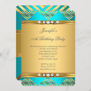 Teal Blue Deco Stripe Gold Diamond Party Invitation