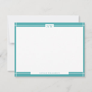 Teal Blue Decorative Border Monogram  Note Card
