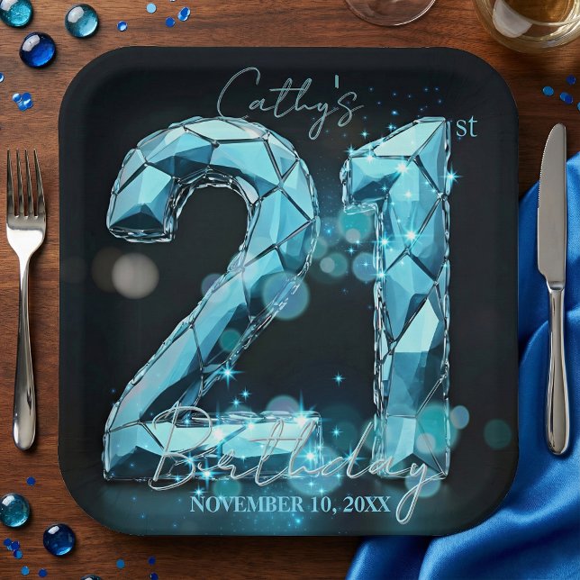 Teal Blue Diamond Crystal 21st Birthday Black Paper Plate (Creator Uploaded)