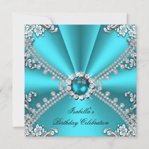 Teal Blue Diamond Jewel Silver Birthday Party Invitation