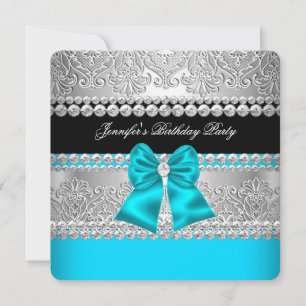 Teal Blue Diamond Lace Birthday Party Invitation