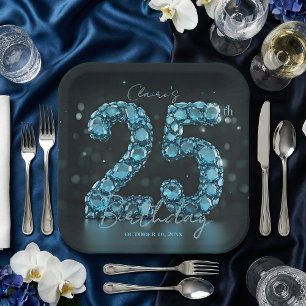 Teal Blue Diamonds Glamorous 25th Birthday Party Paper Plate