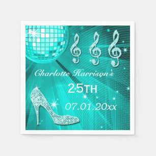 Teal Blue Disco Ball and Sparkle Heels 25th Napkin