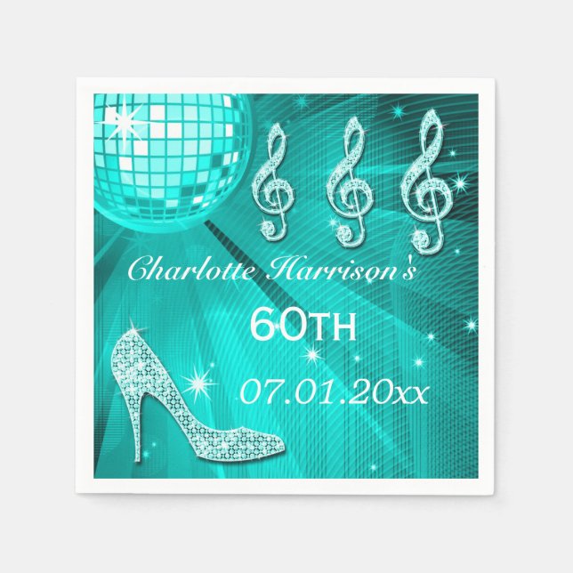 Teal Blue Disco Ball and Sparkle Heels 60th Napkin (Front)