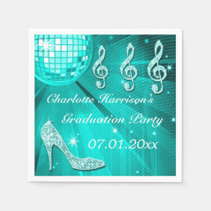Teal Blue Disco Ball and Sparkle Heels Graduation Napkin