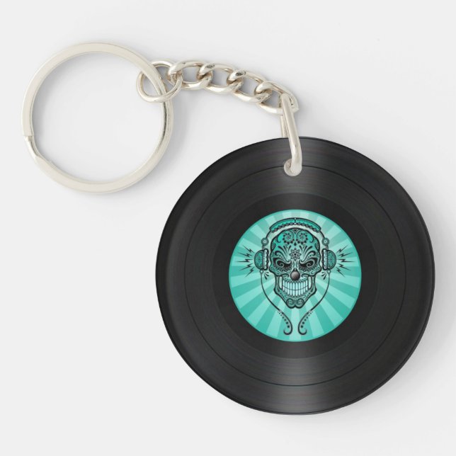 Teal Blue Dj Sugar Skull on Vinyl Record Graphic Keychain (Front)