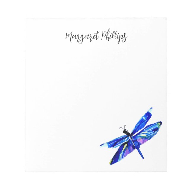 Teal Blue Dragonfly Personalized Hand-Drawn Nature Notepad (Front)