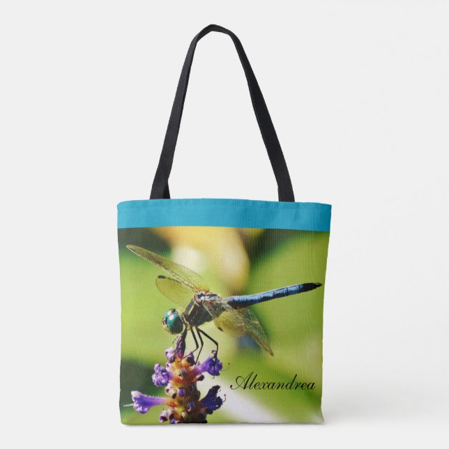 Teal blue dragonfly purple flowers pond w/ Name Tote Bag (Back)