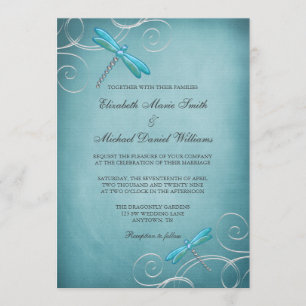 Teal Blue Dragonfly Swirls Wedding Invitation