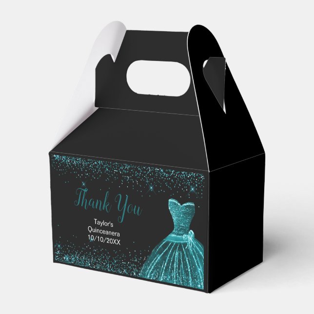 Teal Blue Dress Faux Glitter Quinceanera Favor Box (Front Side)
