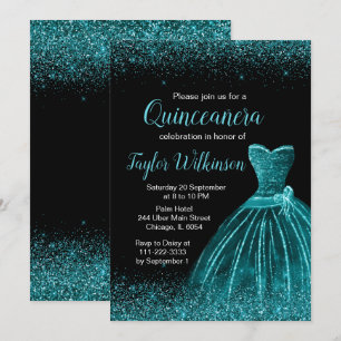 Teal Blue Dress Faux Glitter Quinceanera Invitation