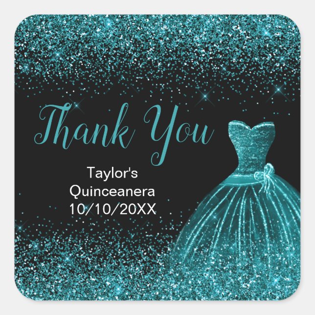 Teal Blue Dress Faux Glitter Quinceanera Square Sticker (Front)