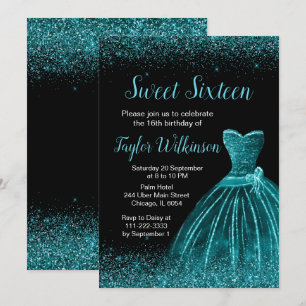 Teal Blue Dress Faux Glitter Sweet 16 Birthday Invitation