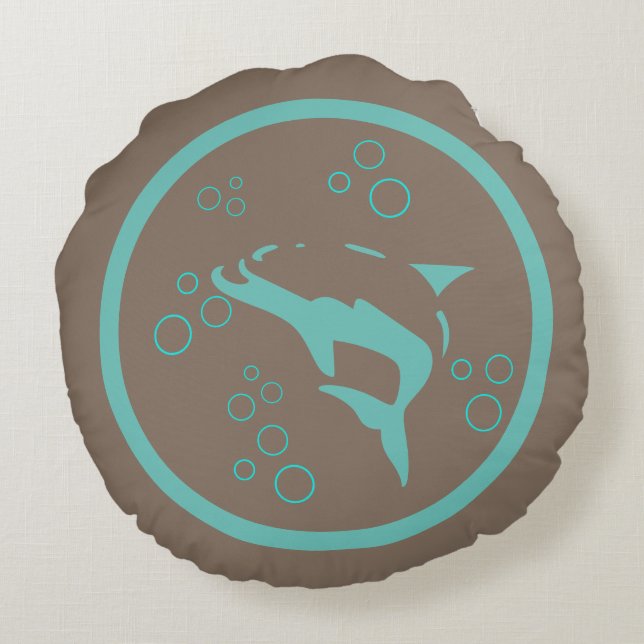 Teal blue driftwood grey DOLPHIN  bubbles nautical Round Pillow (Back)