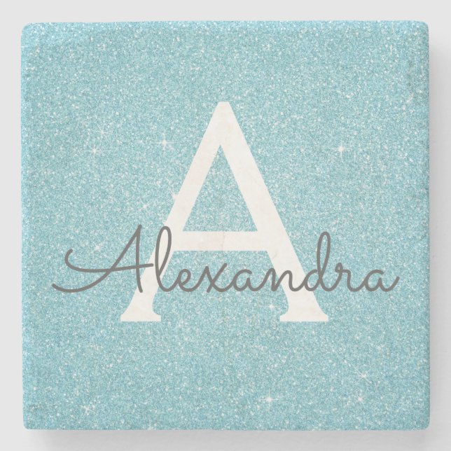 Teal Blue Elegant Glitter & Sparkle Monogram Stone Coaster (Front)