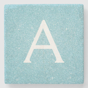 Teal Blue Elegant Glitter & Sparkle Monogram Stone Coaster