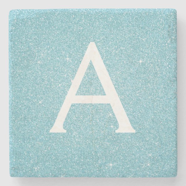 Teal Blue Elegant Glitter & Sparkle Monogram Stone Coaster (Front)