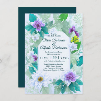 Teal blue elegant modern whimsical wedding theme invitation