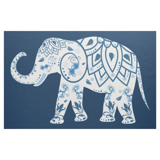 Teal Blue Elephant Mural Fabric (Yard)
