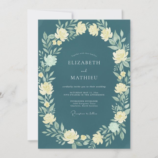 Teal Blue Exquisite Botanical Wedding Invitation (Front)