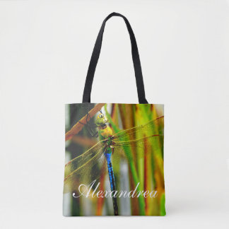 Teal Blue eye dragnfly personalized w/ Name Tote Bag