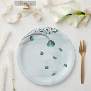 teal blue falling leaves botanical paper plate